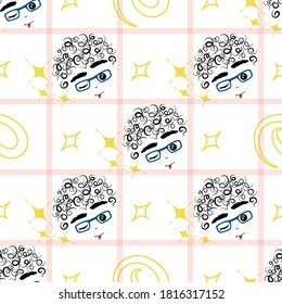 curly-headed boy (silly) seamless repeat pattern in next-level black, siesta, lemon fizz, nobility and white