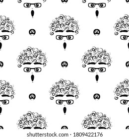 curly-headed boy (stupefied) seamless repeat pattern in next-level black and white