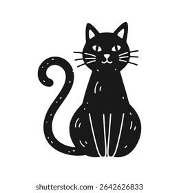 Curly-tailed black cat with playful look sitting down – Vector Illustration