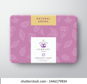 Currant Bath Soap Cardboard Box. Abstract Vector Wrapped Paper Container with Label Cover. Packaging Design. Modern Typography and Hand Drawn Berries Background Pattern Layout. Isolated.
