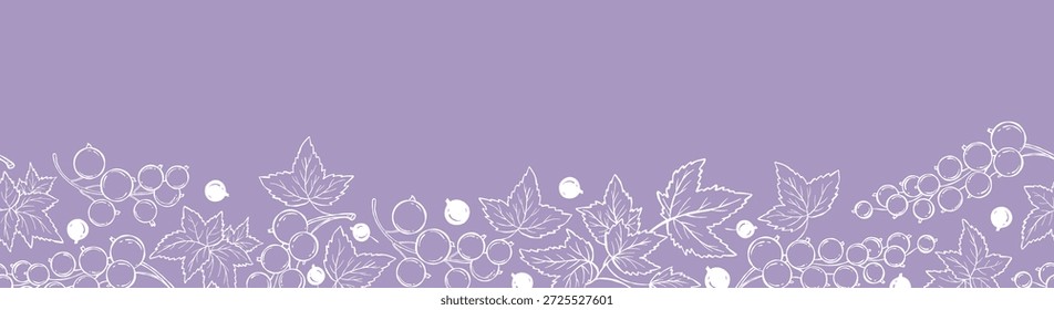 Baya de grosella. Frontera botánica sin fisuras. Borde de la baya del arte de la línea blanca en fondo púrpura. Ilustración Horizontal de contorno de Vector. No es IA