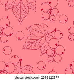 Currant berry and leaves seamless pattern. Red background with fresh berries. Vector line art illustration. 