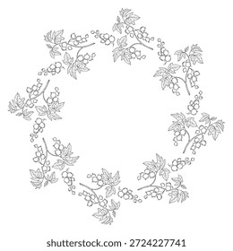 Currant Berry Round Border. Minimalist Floral Circle Frame Blackcurrant with Leaves. Outline Hand-Drawn with empty space in center. Vector illustration. Not AI 