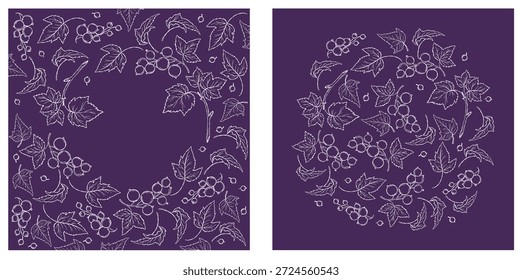 Currant Berry Square Cards. White Line Art Botanical Frames on Dark Purple Background. Vector illustration. Not AI
