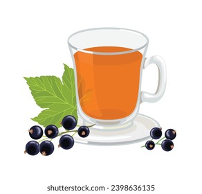 Currant berry tea in glass cup. Vector cartoon flat illustration of healthy hot fruit drink.