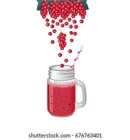 Currant black smoothie in glass jar. Natural healthy drink. Vector illustration.