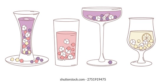 Currant Cocktail Set. Refreshing Drinks with Black, Red and White Berries in Glasses. Isolated Summer Fruit-infused water with Berry, Lemon, Ice Cubes and Mint Leaves. Vector Illustration