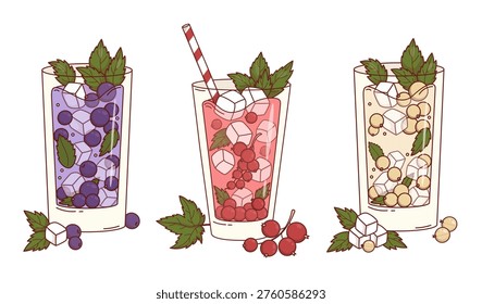 Currant Cocktail Trio. Set Refreshing Drinks with Black, Red, and White Berries in Highball Glasses. Fresh Isolated Summer Lemonade with Berry, Ice Cubes and Mint Leaves. Vector Illustration