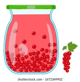 Currant compote in a glass jar. Vector isolated image on a white background. Concept of crop conservation. Red currant