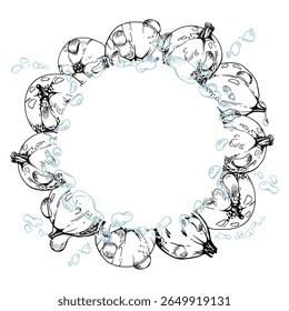 Currant gooseberry closeup in water splash with dew drops, ripe garden berry juneberry casseille jostaberry hand drawn in vector ink. Isolated wreath frame. Organic food drink, fresh grocery store