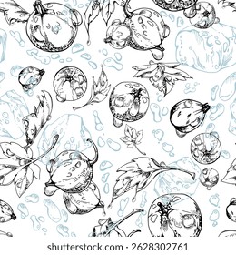 Currant gooseberry flying in water splash with green leaves, ice cubes, dew drops, ripe garden juneberry casseille jostaberry. Isolated seamless pattern hand drawn in vector ink. Craft drinks, grocery