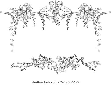 Currant gooseberry green leaves, long flower clusters, garden berry hanging on branches. Isolated corner frame hand drawn in vector ink. Craft cosmetics, dessert menu stationery, jam jar food labels