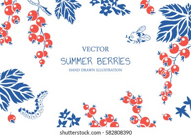 Currant. Hand drawn botanical illustration of red berries and bee. Vector floral background