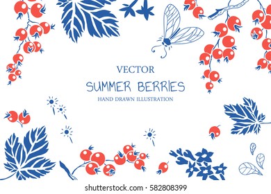 Currant. Hand drawn botanical illustration of red berries and butterfly. Vector floral background 