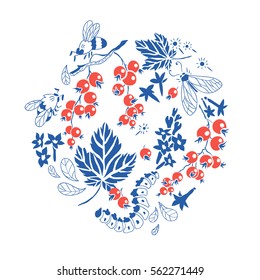 Currant. Hand drawn floral illustration with berries, butterfly, bee and  caterpillar. Circle composition with natural elements