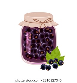 Currant jam in glass jar and fresh black berry. Vector cartoon flat illustration. Sweet food icon.