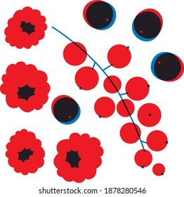 Currant, raspberry, blueberry. Funny colored typography poster, apparel print design, bar menu decoration. Vector abstract cartoon illustration. Fruits lover concept. EPS 10. Isolated. 