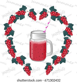 Currant red smoothie in glass jar. Natural healthy drink. Vector illustration.