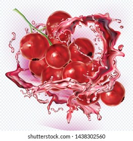 Currant red in splashes of juice on transparent background. Vector mesh illustration