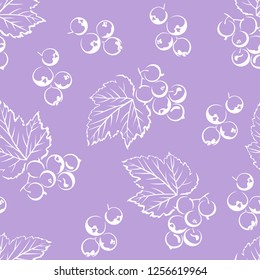 Currant seamless pattern on lilac background. Vector monochrome illustration of berries and leaves.