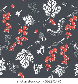 Currant. Vector seamless pattern. Floral hand drawn illustration with berries and insects.