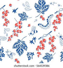 Currant. Vector seamless pattern. Floral hand drawn illustration with berries and insects.