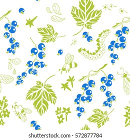 Currant. Vector seamless pattern. Floral hand drawn illustration with berries and insects.