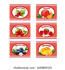 
Currants, strawberries, raspberries, peach, blueberries, orange. Labels for yogurt, cookies, juice.