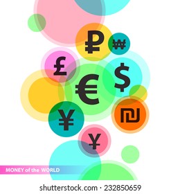 Currencies of different countries in the style of flat