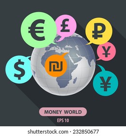 Currencies of different countries in the style of flat