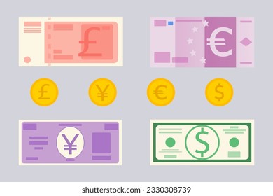 Währungen aus verschiedenen Ländern Vektorgrafik Set. Dollar, Euro, Pfund und Yuan Banknoten und Münzen für Barzahlung. Geld, Finanzen, Bankwesen, Geschäftskonzept