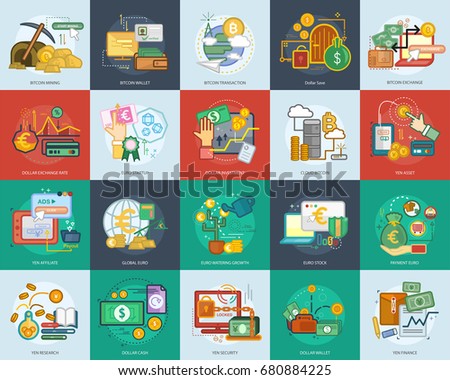 Currencies Dollar, Euro, Yen, Bitcoin Conceptual Design