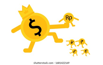 Currencies experiencing inflation and economic crisis, the dollar in power. pressing down on the rupiah, euro, yen, yuan and pesos. vector illustration.