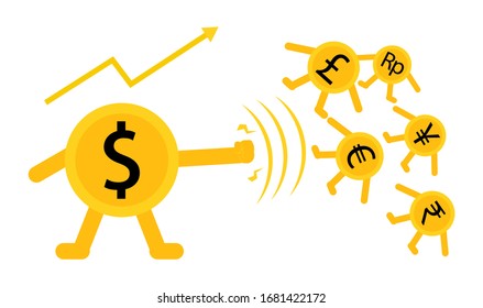 Currencies experiencing inflation and economic crisis, the dollar in power. pressing down on the rupiah, euro, yen, yuan and pesos. vector illustration.