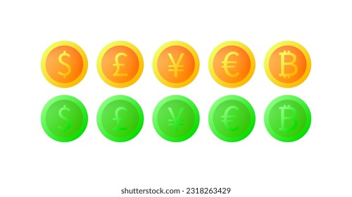 Currencies. Flat, color, different currencies, set of currencies. Vector icons.