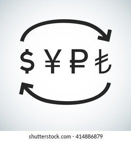 Currencies flow, money exchange, dollar, euro, russian ruble, turkish lira vector icon, sign, symbol