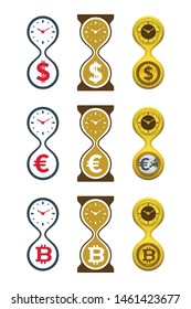 Currencies and hourglass. Money and time concept design.