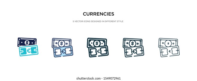 currencies icon in different style vector illustration. two colored and black currencies vector icons designed in filled, outline, line and stroke style can be used for web, mobile, ui