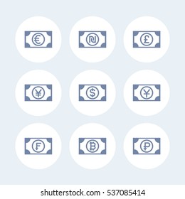 currencies icons over white, ruble, pound, dollar, franc, yen, yuan, shekel