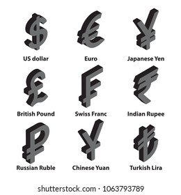 Currencies Isometric Symbol Icons Set. Dollar, Euro, Ruble, Yuan, Yen, Lira, Swiss Franc, Indian Rupee And British Pound. Vector