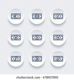 currencies line icons set, pound, dollar, franc, yen, yuan, shekel, ruble, bitcoin