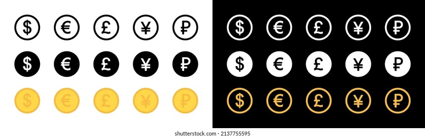 Currencies and money signs. Symbols of dollar, yen, euro, ruble, pound, yuan and usd in circles - coins for exchange. International currencies in circles - icons. World cash in flat set. Vector EPS10.