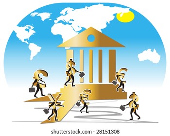 Currencies (pound, euro, dollar, yen) illustrated like bank employees. Currencies with portfolio walking to the bank to work.