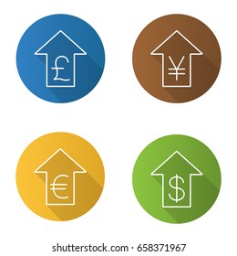 Currencies rate rising. Flat linear long shadow icons set. Dollar, yen, pound, euro signs with up arrows. Vector outline illustration