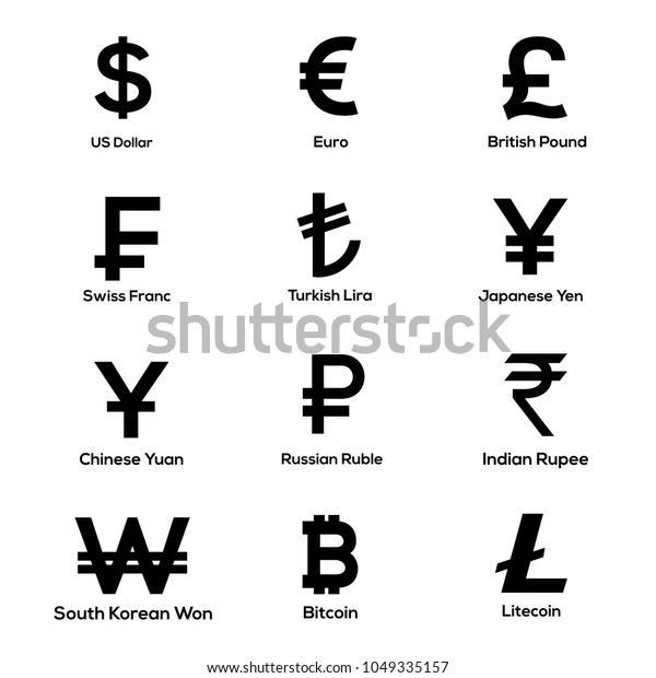 Currencies symbol icons set. Dollar, Euro, Pound,\
Swiss Franc, Lira, Yen, Yuan, Ruble, Indian Rupee, South Korean\
Won, Bitcoin Litecoin.\
Vector