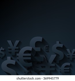 Currencies symbols paper black abstract background. Yen dollar euro pound business finance vector illustration. 