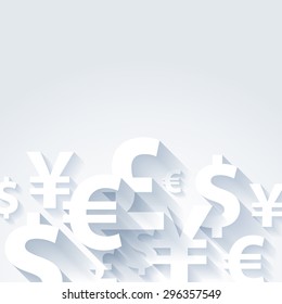 Currencies symbols paper white abstract background. Yen dollar euro pound vector illustration. Finance business money exchange concept.