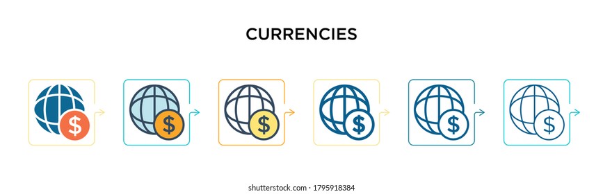 Currencies vector icon in 6 different modern styles. Black, two colored currencies icons designed in filled, outline, line and stroke style. Vector illustration can be used for web, mobile, ui