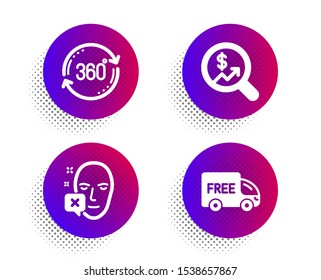 Currency audit, Full rotation and Face declined icons simple set. Halftone dots button. Free delivery sign. Money chart, 360 degree, Identification error. Shopping truck. Business set. Vector