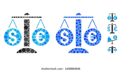 Currency balance composition of spheric dots in different sizes and color hues, based on currency balance icon. Vector dots are organized into blue composition.